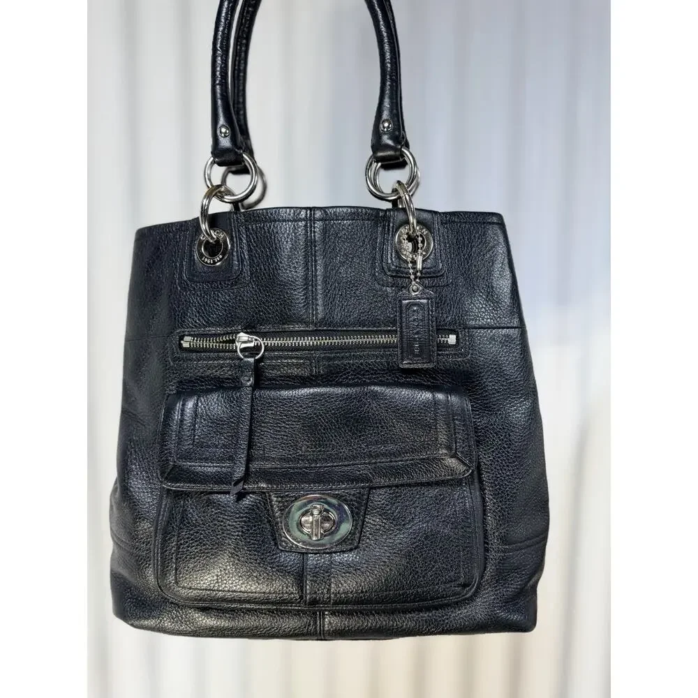 VTG Coach Hamptons Pebble Leather Tote Bag Black F1569 Lime Green Satin Interior